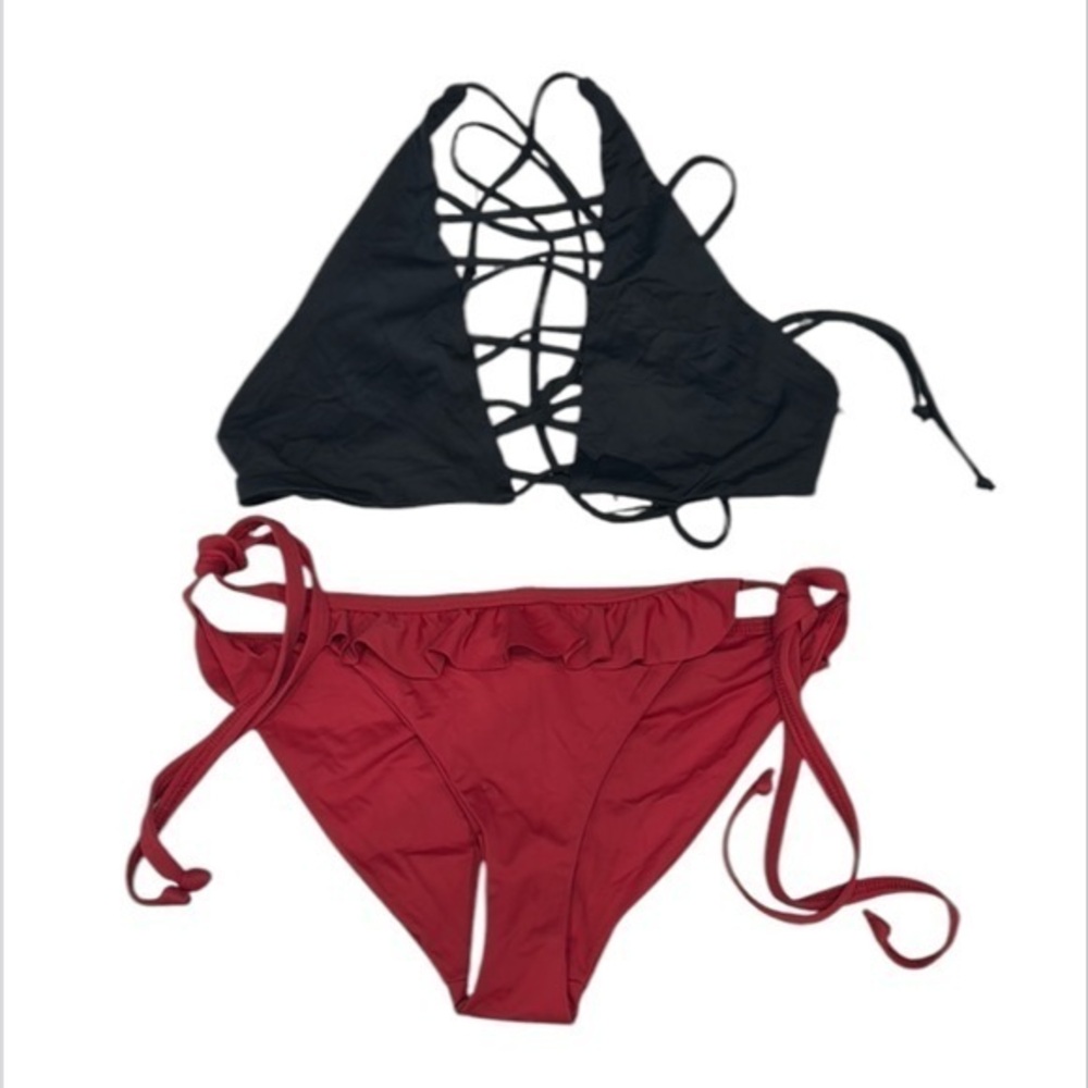 Dippin' Daisy's black burgundy two piece swimsuit bikini set size small